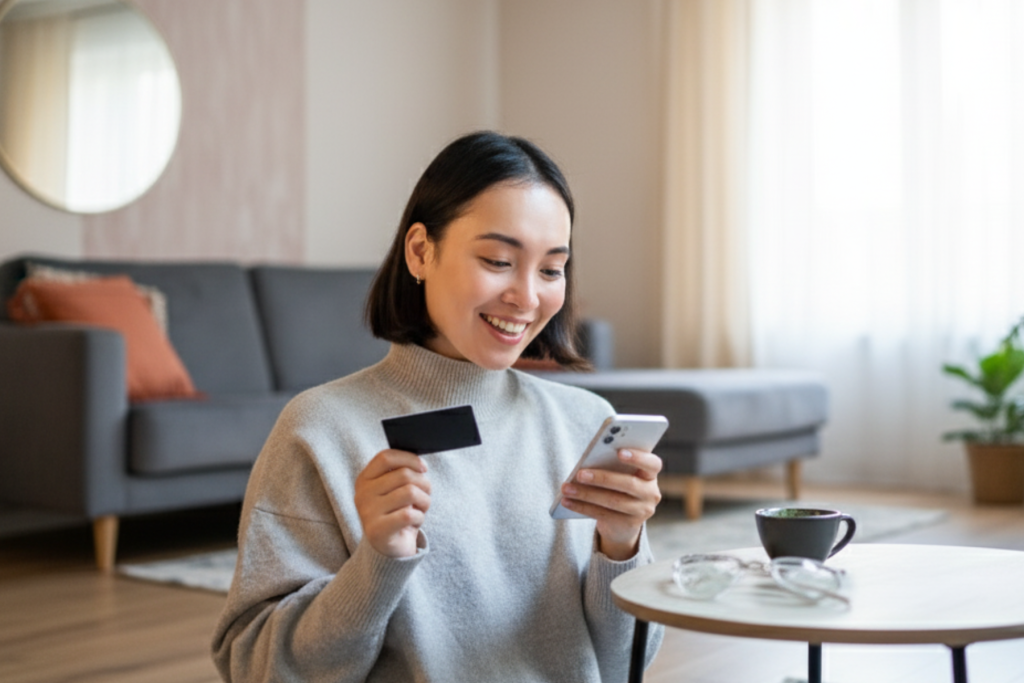 woman looking at phone whilst holding credit card